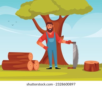 vector lumberjack sawing and stacking wood