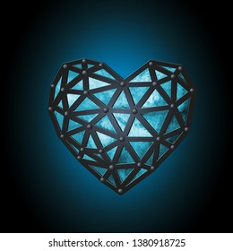 Vector luminous blue ice heart, tied with leather straps.. Watercolor polygonal and digital design on dark background