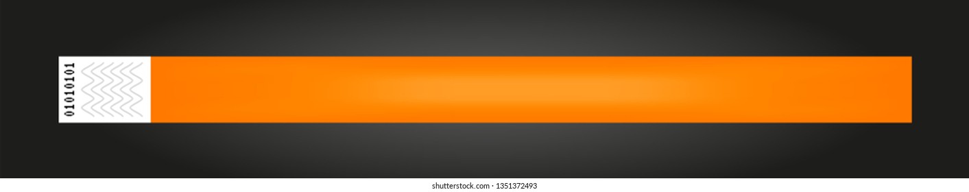 Vector luminous neon orange cheap empty bracelet or wristband. Sticky hand entrance event paper bracelet isolated on black. Template or mock up suitable for various uses of identification.