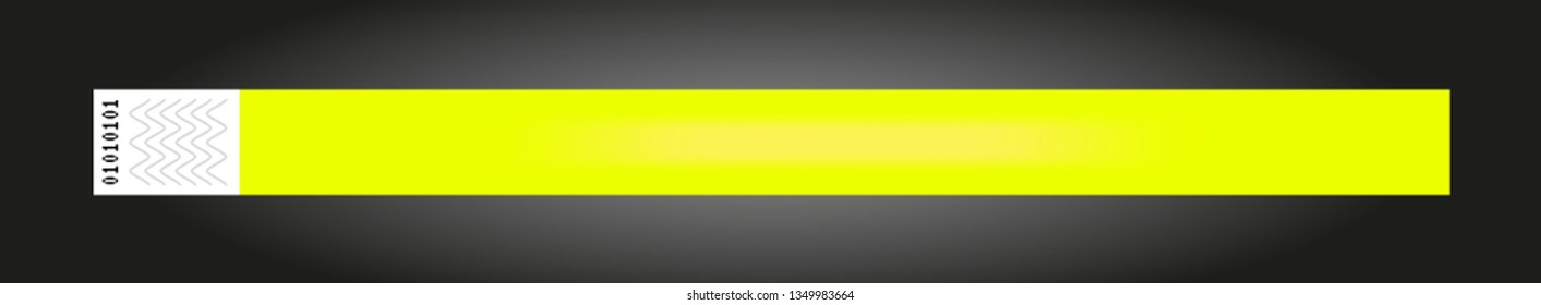 Vector luminoso neón amarillo barato brazalete vacío o pulsera. Pulsera adhesiva de papel aislada en negro. Plantilla o maqueta adecuada para diversos usos de identificación.