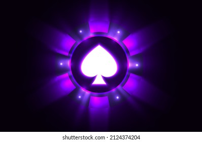 Vektorleuchtendes violettes Neon-Light-Casino-Chip-Banner. Dunkle Nacht, spielbarer Hintergrund. Poker Club Text, Blackjack oder Online-Casino-Banner