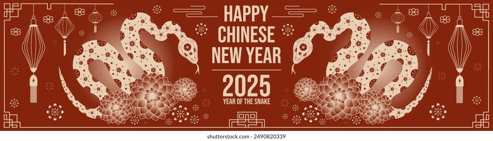 Vector lunar 2025 new year with snakes traditional festive ornament, lanterns and lotus for lunar chinese new year celebration. Horizontal happy new year lunar in China card.