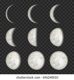 Vector Lunar Phase Icon Set. The Whole Cycle From New Moon To Full Moon On Transparent Background.