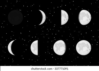 Vector lunar phases icons on starry dark background. New moon, waxing crescent, first quarter, waxing gibbous, full moon, waning gibbous, third quarter, waning crescent illustration.