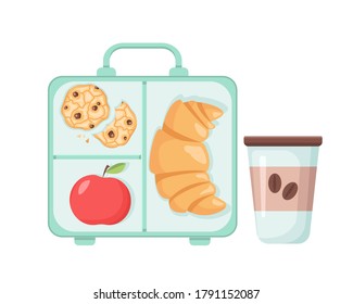 Vector Lunch Box with sweet Croissant, Cookies and Apple. Breakfast with a Cup of Coffee. School Lunch.Container with Office Food.  Illustration for Web,Design,Graphic.Isolated on white background.