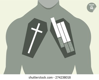 vector of lung from coffin and cigarette inside, cigarette effect concept