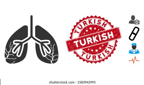 Vector lungs cancer icon and rubber round stamp seal with Turkish text. Flat lungs cancer icon is isolated on a white background. Turkish stamp seal uses red color and grunged surface.
