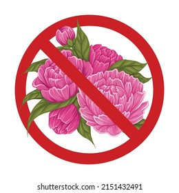 Vector lush bush with peonies in the prohibition sign. Allergy danger. Icon prohibition to pluck flowers isolated from the background. Rare flowers.