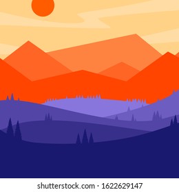 Vector of lush lava mountians and blue ground landscape. The sun on the soft orange sky.