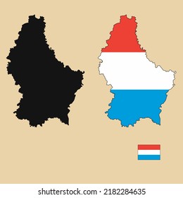 Vector of Luxembourg country outline map with flag set isolated on plain background. Silhouette of country map can be used for template, report, and infographic.