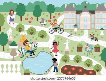 Vector Luxembourg garden in Paris landscape illustration with people and animals. French capital city park scene with palace, benches, chairs, sculptures, pond, trees. Cute France background
