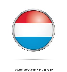 Botón de la bandera de Luxemburgo vectorial. Estilo del botón de cristal de la bandera luxemburguesa con marco metálico.