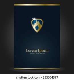 Vector luxurious brochure cover design with fire element and shield. EPS 10