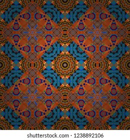 Vector, luxurious colourful old design. Carpet with ethnic ornament. Motley center in brown, blue and orange tones.