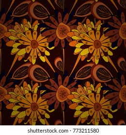 Vector luxurious flowers, vintage black, brown and orange colors. Seamless embroidered floral pattern.