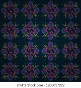 Vector luxurious flowers, vintage blue, violet and black colors. Seamless embroidered floral pattern.