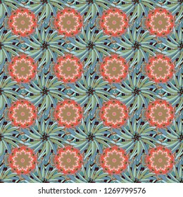 Vector luxurious flowers, vintage blue, green and pink colors. Seamless embroidered floral pattern.