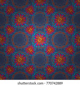 Vector luxurious flowers, vintage violet, blue and orange colors. Seamless embroidered floral pattern.