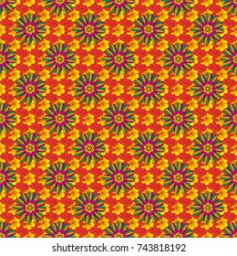 Vector luxurious flowers, vintage yellow, red and green colors. Seamless embroidered floral pattern.
