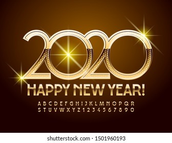 Vector luxurious Greeting Card Happy New Year 2020. Elegant Alphabet Letters and Numbers. Beautiful Golden Font.