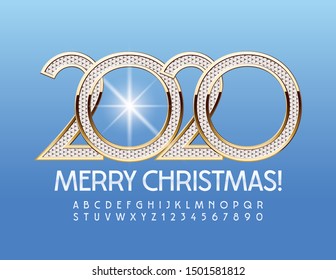 Vector Luxurious Greeting Card Merry Christmas 2020 with Alphabet set of Letters and Numbers. Elegant White Font.