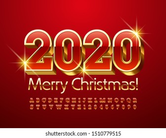 Vektorillustration Luxuriöse Grußkarte Frohe Weihnachten 2020. Chic 3D Font. Rote und goldene Alphabet-Buchstaben und -Zahlen.