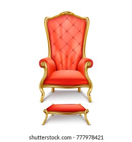 Vector luxurious red throne chair with carved golden legs and small stool for feet isolated on white background. Gilded antique armchair in realistic style. Objects of expensive, exclusive furniture