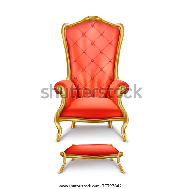 白い背景に金色の脚を彫り 足に小さな腰掛けを持つ 豪華な赤い玉座のベクター画像椅子 金色のアンティークの肘掛け椅子で 写実的なスタイル 高価で高級な家具 のベクター画像素材 ロイヤリティフリー