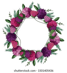 Vector luxurious wreath of delicate pink and purple asters. Festive frame. Valentine's Day. Autumn flowers. Isolated object on a white background. Realistic botanical doodling.