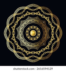 Vector luxury 3d mandala pattern with gold chains and Greek key rings surrounding a central golden pearl. Ornamental black background design for jewelry, scarf prints, fashion decor, meditation, cards