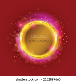 Vector luxury, Abstract glow light effect of golden line. bright sparkle and shine gold circle swirl. Illustration graphic design with glitter bokeh, motion flare and spark on red color background
