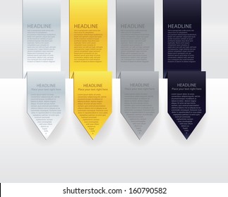 Vector luxury arrow labels. Paper, gold, silver and black velvet version. Much space for your text.