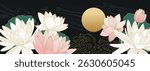 Vector luxury asian poster with white and pink lotuses, water lilies, moon and line art waves, on black background.