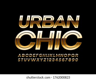 Vector luxury badge Urban Chic with elite Font. Gold Alphabet Letters and Numbers