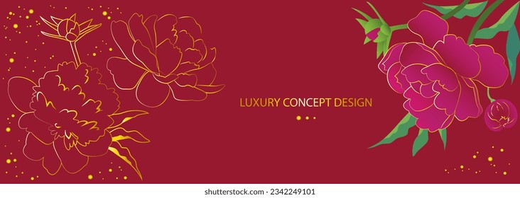 Vector luxury banner, dark red, royal burgundy background with a bud and a blossoming peony flower, green leaves and gold lines, outline images of flowers and peony leaves for various design purposes.