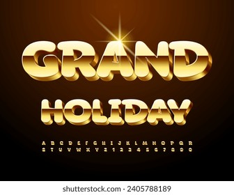 Vector luxury banner Grand Holiday. Exclusive Gold Font. 3D Premium Alphabet Letters, Numbers and Symbols