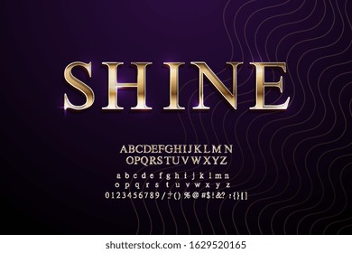 Vector luxury banner with shiny gold modern font. 3D alphabet model. Chic capital letters and numbers on a dark background.