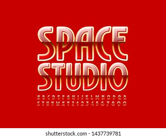 Vector luxury banner Space Studio with elegant Font. Shiny Uppercase Alphabet. Red and Golden shiny Letters and Numbers