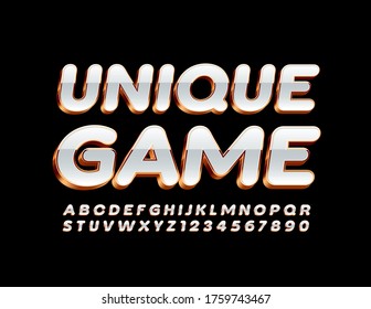 Vector luxury banner Unique Game. Gold and White shiny Font. 3D elite Alphabet Letters and Numbers