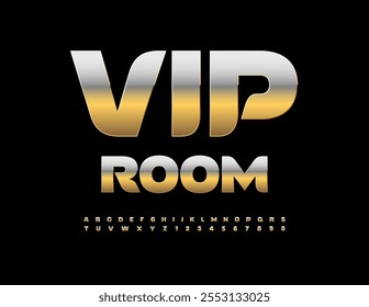 Vetor luxo banner VIP Room. Fonte metálica dourada. Conjunto Premium de letras e números alfabéticos