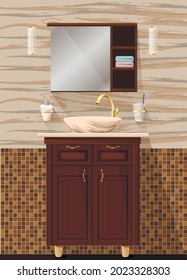 Die luxuriöse Inneneinrichtung mit goldenem Wasserhahn und Marmor. Duschraum mit braunem Kommode und Mosaikwand mit Zubehör zum Zähneputzen und Waschen. Realistisches Vektordesign.