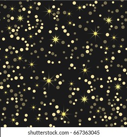 Vector luxury black background with gold stars and circles. Gold on black.