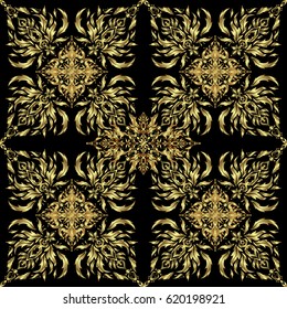 Vector luxury black background with golden elements. Golden seamless pattern.
