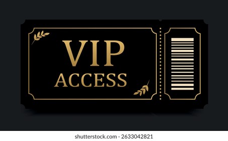 Vetor luxo bilhete VIP preto com gravura de ouro e código de barras. Elegante, design de modelo estético para eventos, concertos, festas exclusivas e acesso premium