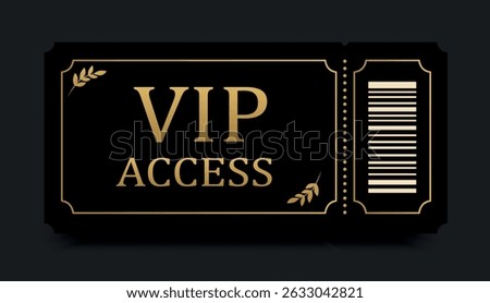 Vector luxury black VIP ticket with gold embossing and barcode. Elegant, aesthetic template design for events, concerts, exclusive parties and premium access