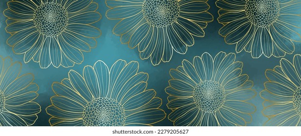 Vector luxury blue background with golden daisies for decor, covers, wallpapers, presentations