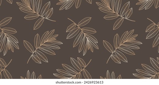 Vector luxury botanical seamless pattern with golden outlines of branches and leaves on a brown background.