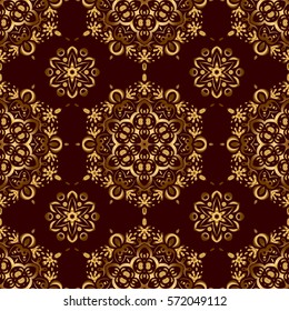 Vector luxury brown background with golden elements. Golden seamless pattern. Glitter background. Brown background.