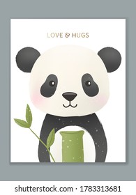 Vector Luxury Cartoon Animal Illustration Card Design for Birthday Celebration, Welcome, Event Invitation or Greeting. Panda with Bamboo Gift.