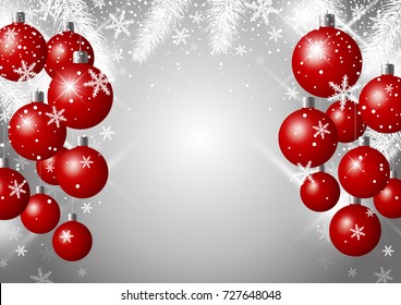 Vector luxury christmas background design of red xmas ball and fir branch with snow